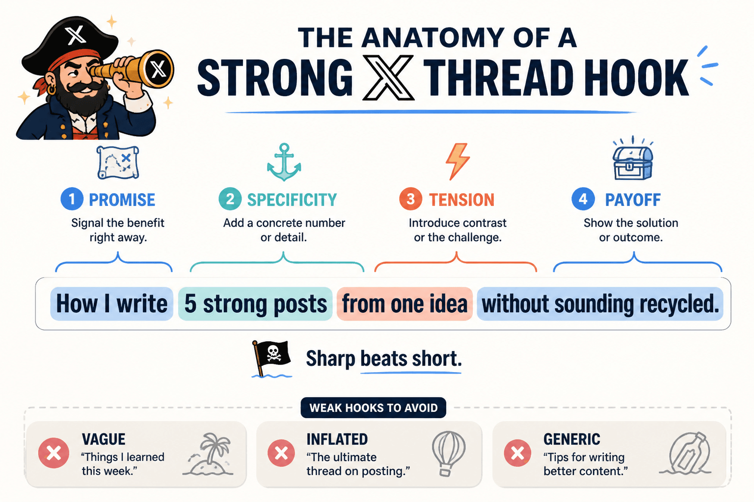 Diagram of a strong thread hook with promise, specificity, tension, and payoff