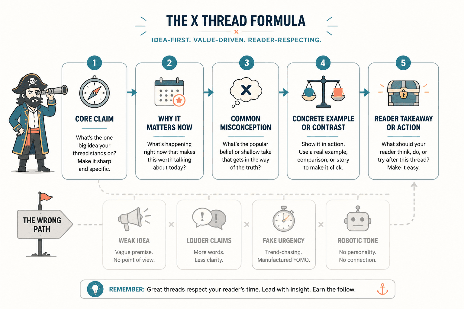 Flowchart showing idea-first thread planning from core claim to takeaway