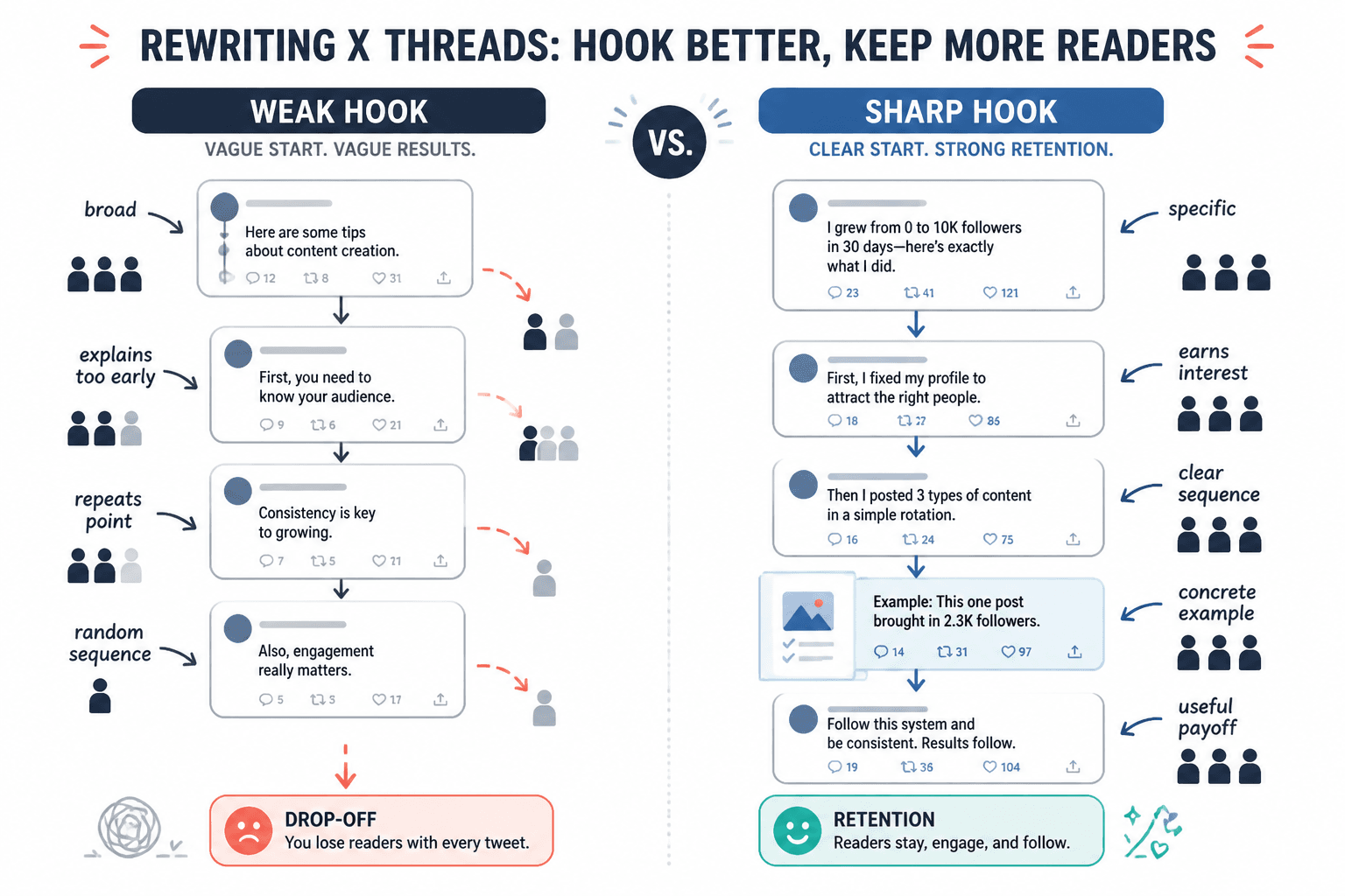 Flow diagram comparing a weak thread hook that leads to drop-off with a sharp hook that leads to retention.