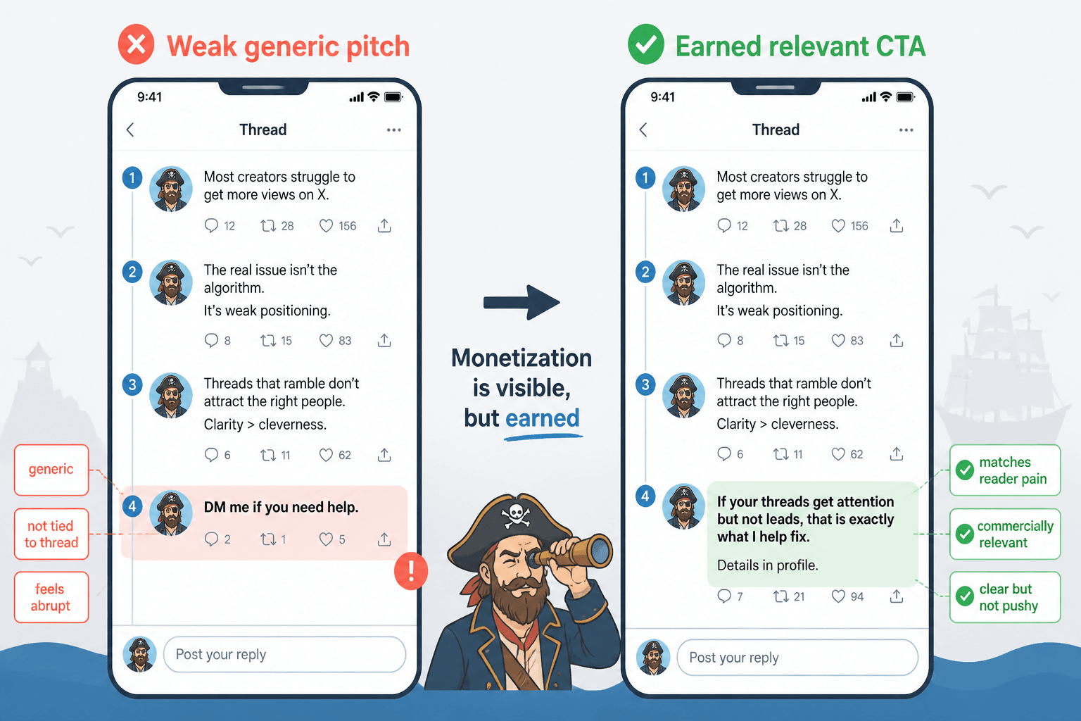 Side-by-side X thread endings showing a generic pitch versus an earned, relevant CTA