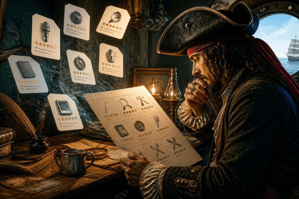 Creator reading a structured tool review guide